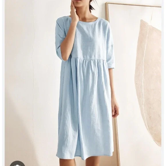 Lintico 100% Linen A Line Midi Dress Size M New Baby Blue Lagenlook Valencia - Picture 2 of 10
